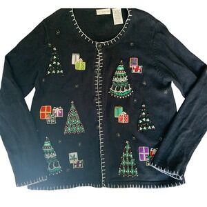 Women's XL vintage beaded Christmas tree ugly cardigan sweater‎ unique knit